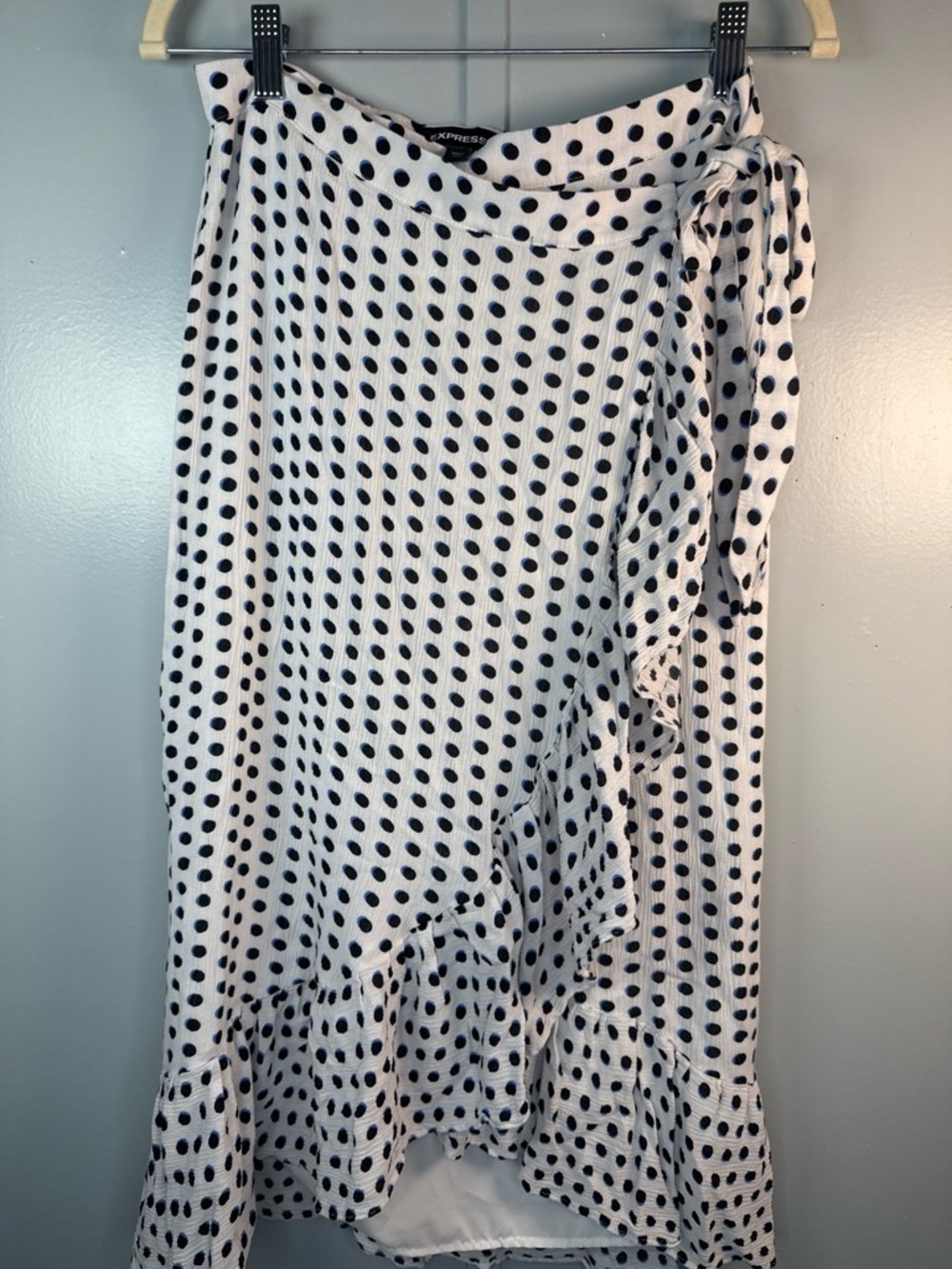 Express White Wrap Midi Skirt with Black Polka Dots